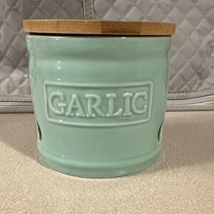 Mint Green Garlic Keeper with Wooden Lid